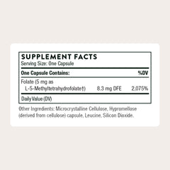 THORNE 5-MTHF bottle label close-up highlighting bioactive folate for cardiovascular support.
