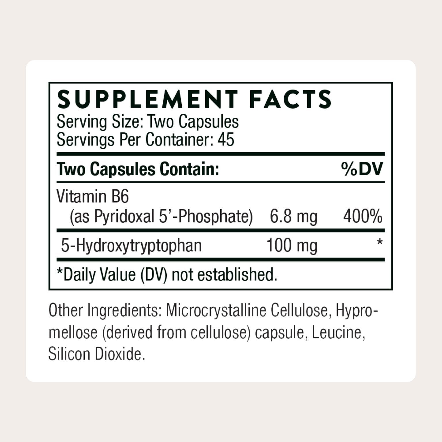 THORNE 5-HTP bottle pour showing easy-to-take capsules for daily stress.