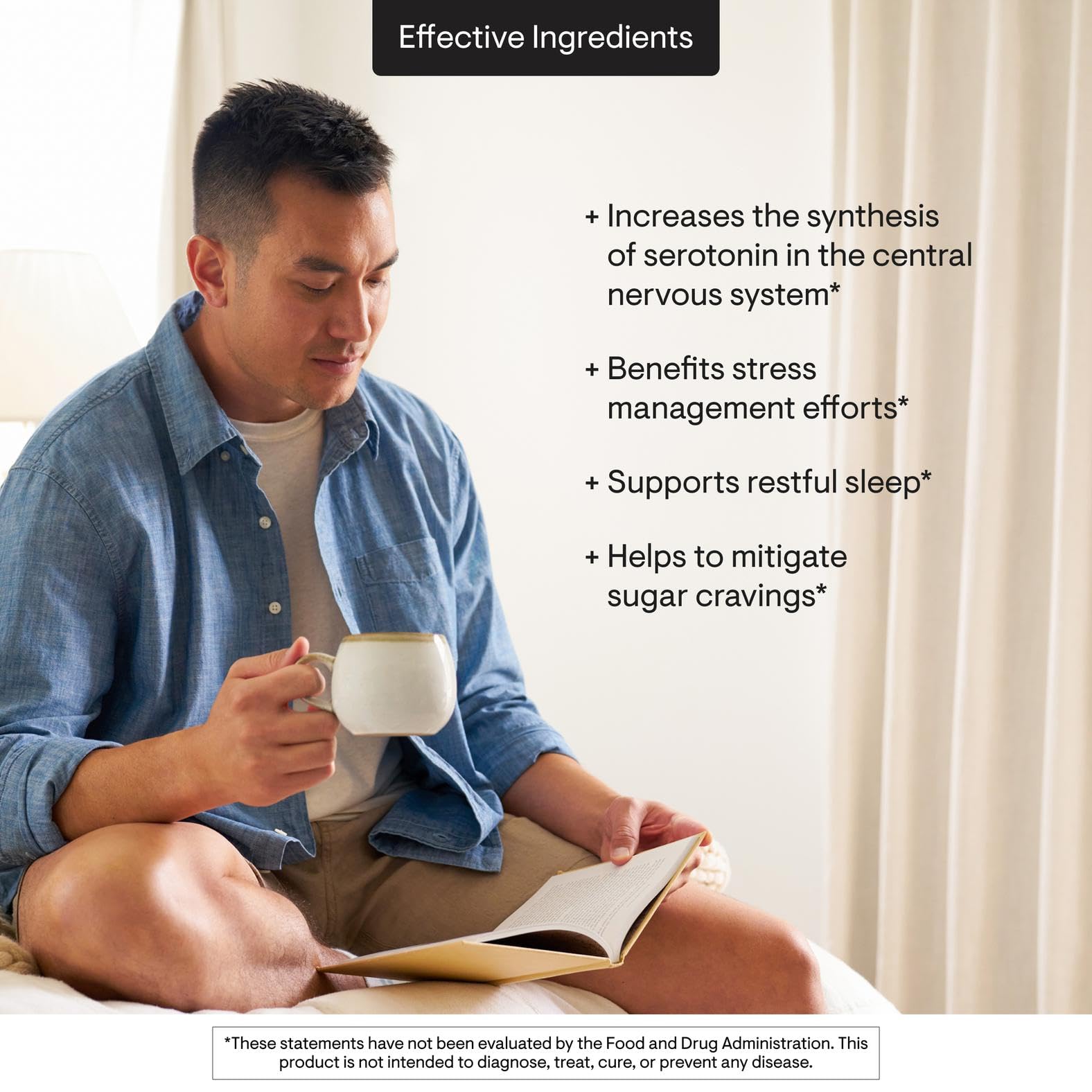 THORNE 5-HTP sleep-scene depicts a calm nighttime setup suggesting restful sleep.