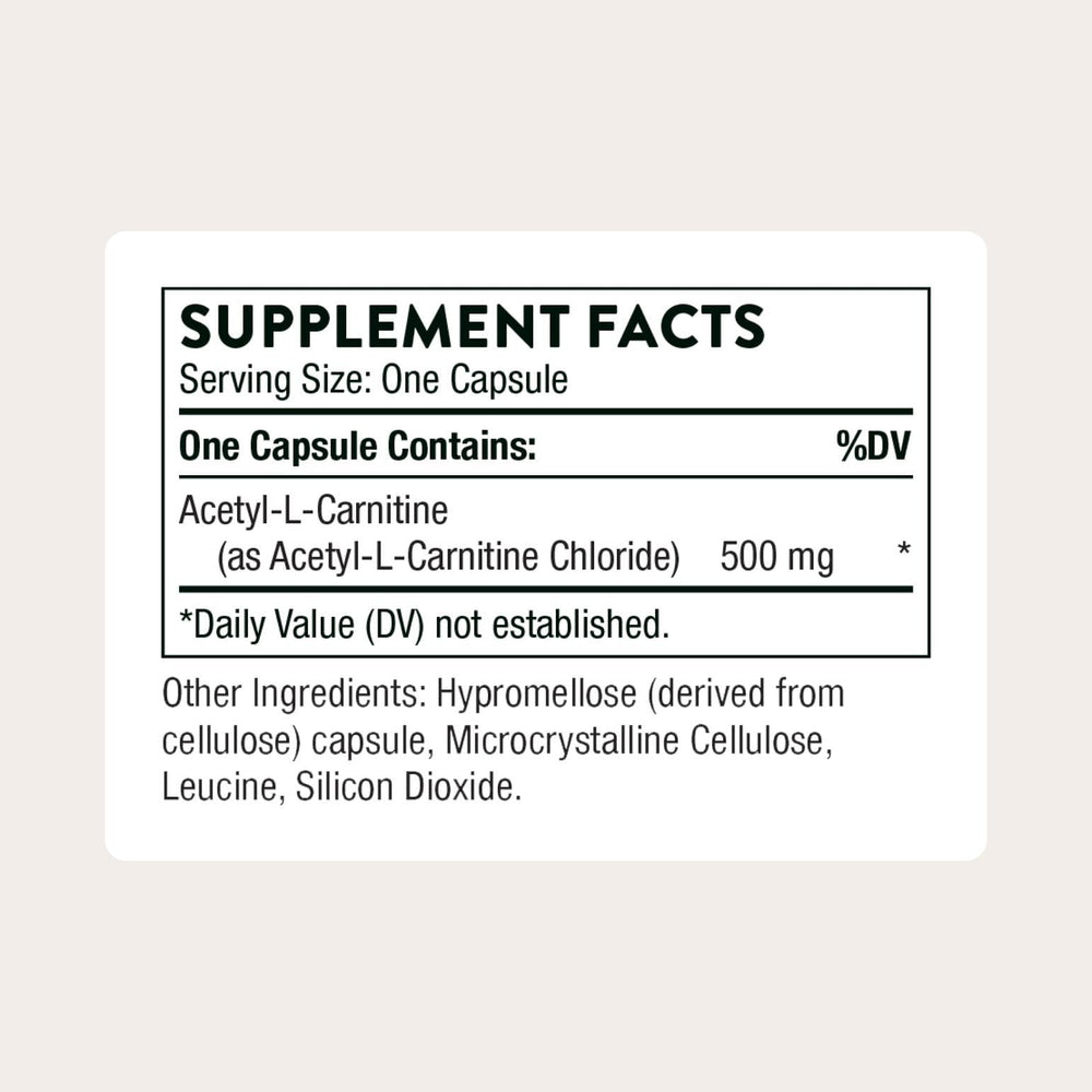 THORNE Acetyl-L-Carnitine 500 mg capsules close-up for nerve comfort use