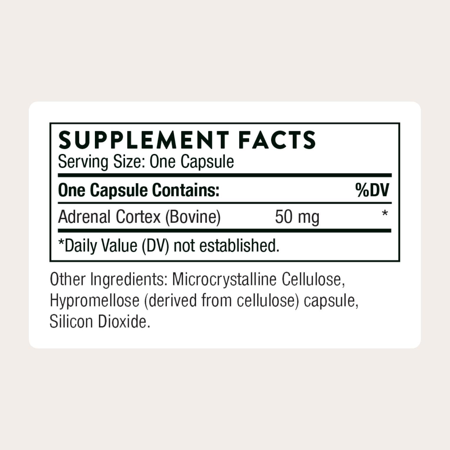 THORNE Adrenal Cortex bottle label closeup highlighting ingredients.