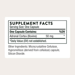 THORNE Adrenal Cortex bottle label closeup highlighting ingredients.