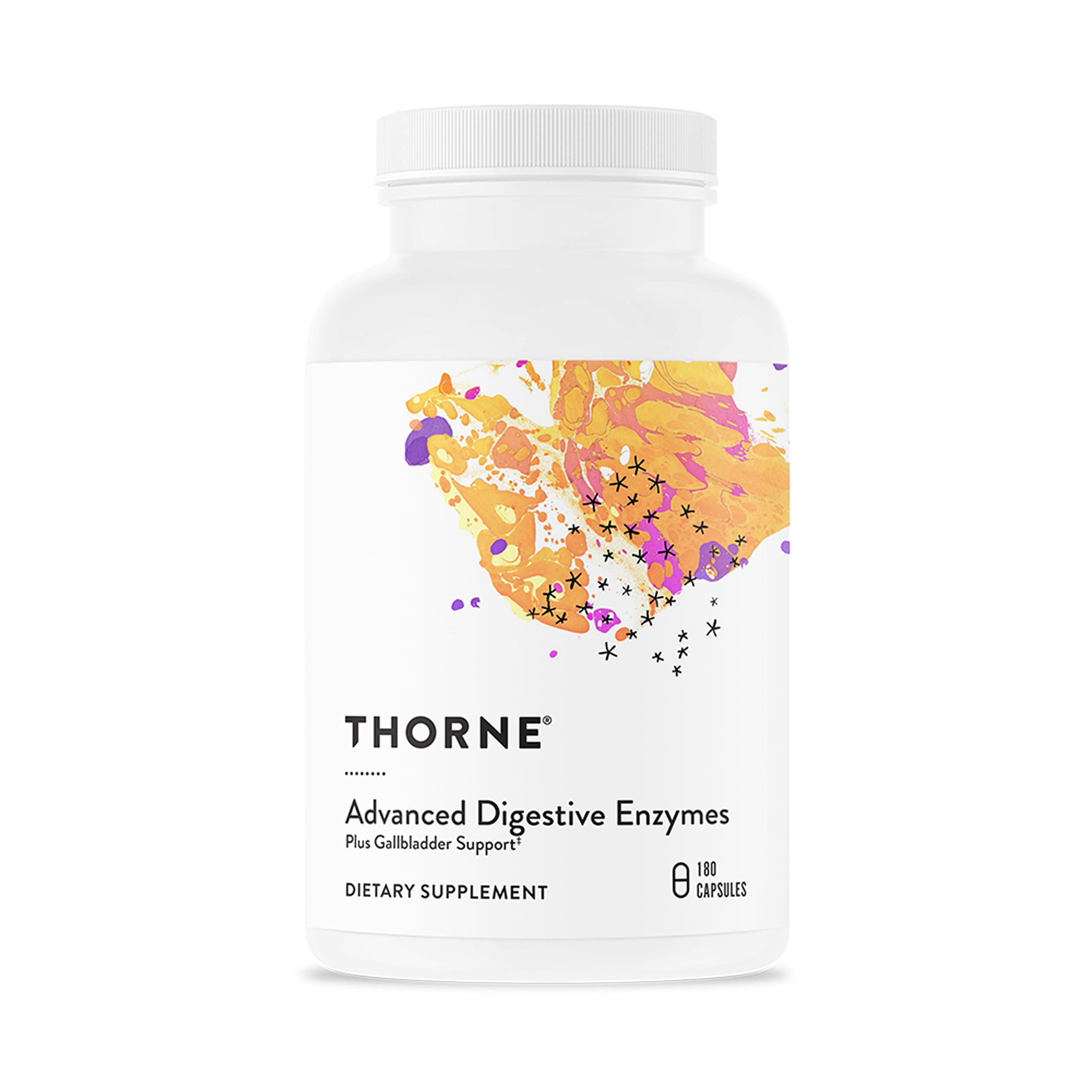 THORNE Advanced Digestive Enzymes bottle label highlights multi-enzyme blend for digestion