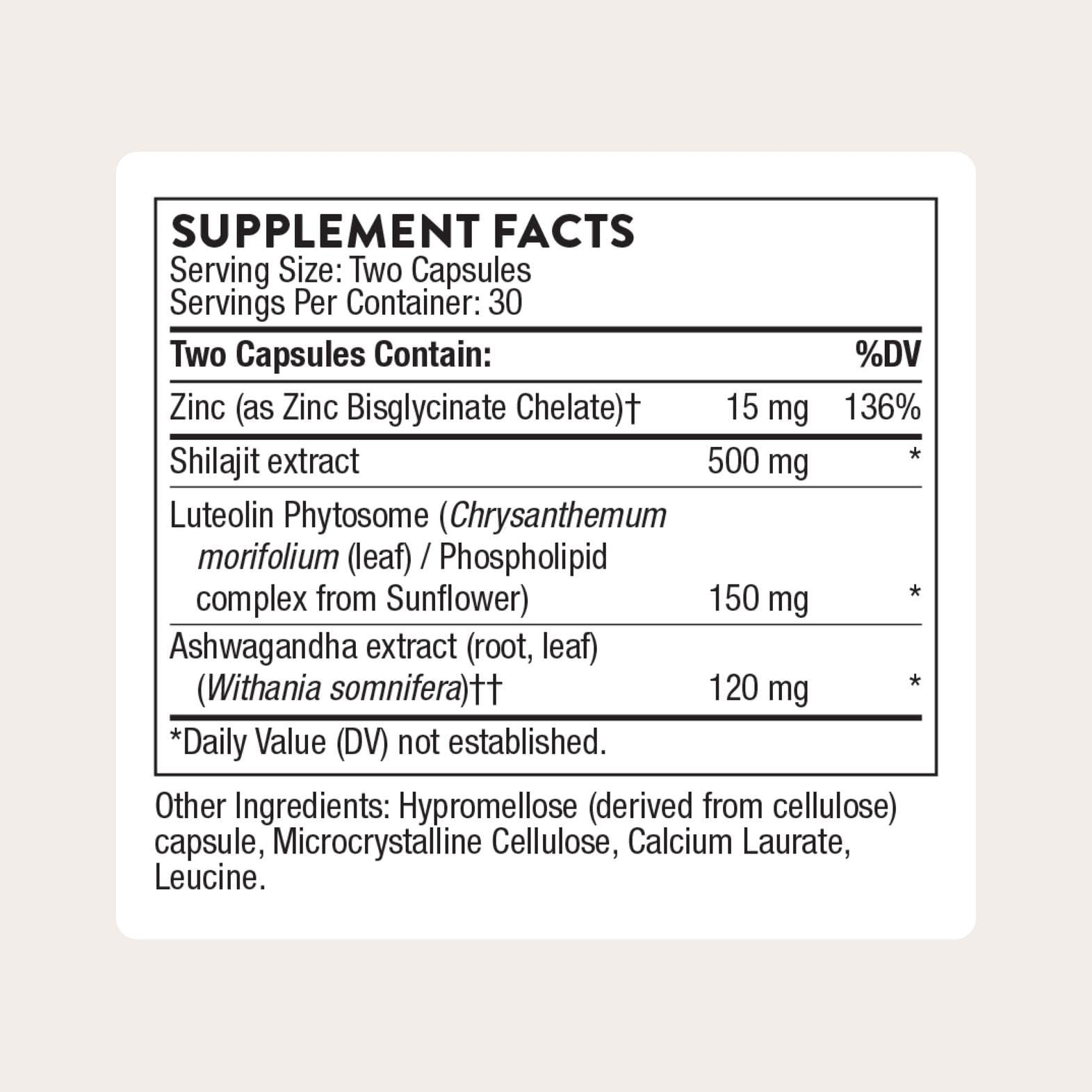 THORNE Advanced Testosterone Support label close-up highlighting ingredients