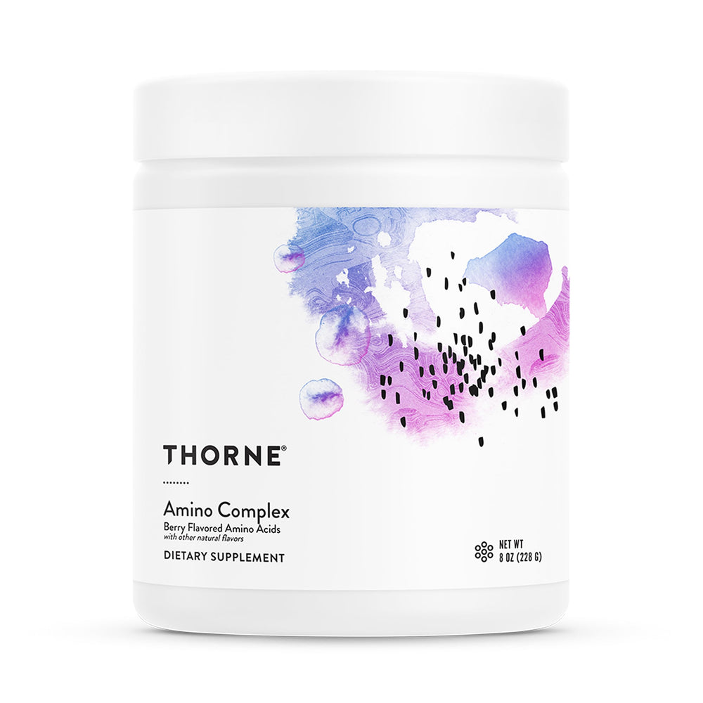 Thorne Amino Complex bottle shows berry flavor for daily lean muscle support.