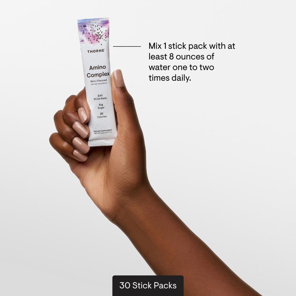 THORNE Amino Complex berry ingredients card highlighting essential amino acids.