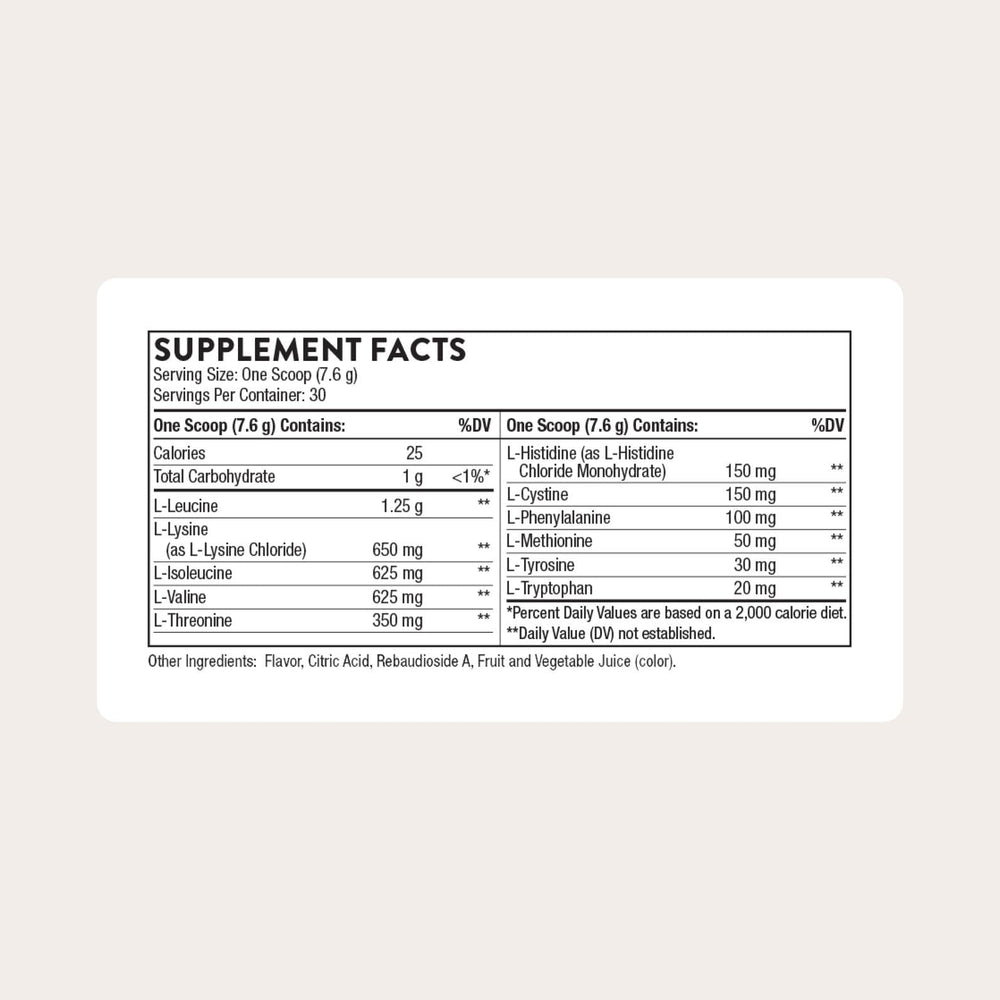 Thorne Amino Complex berry scoop illustrates precise serving for recovery and performance.
