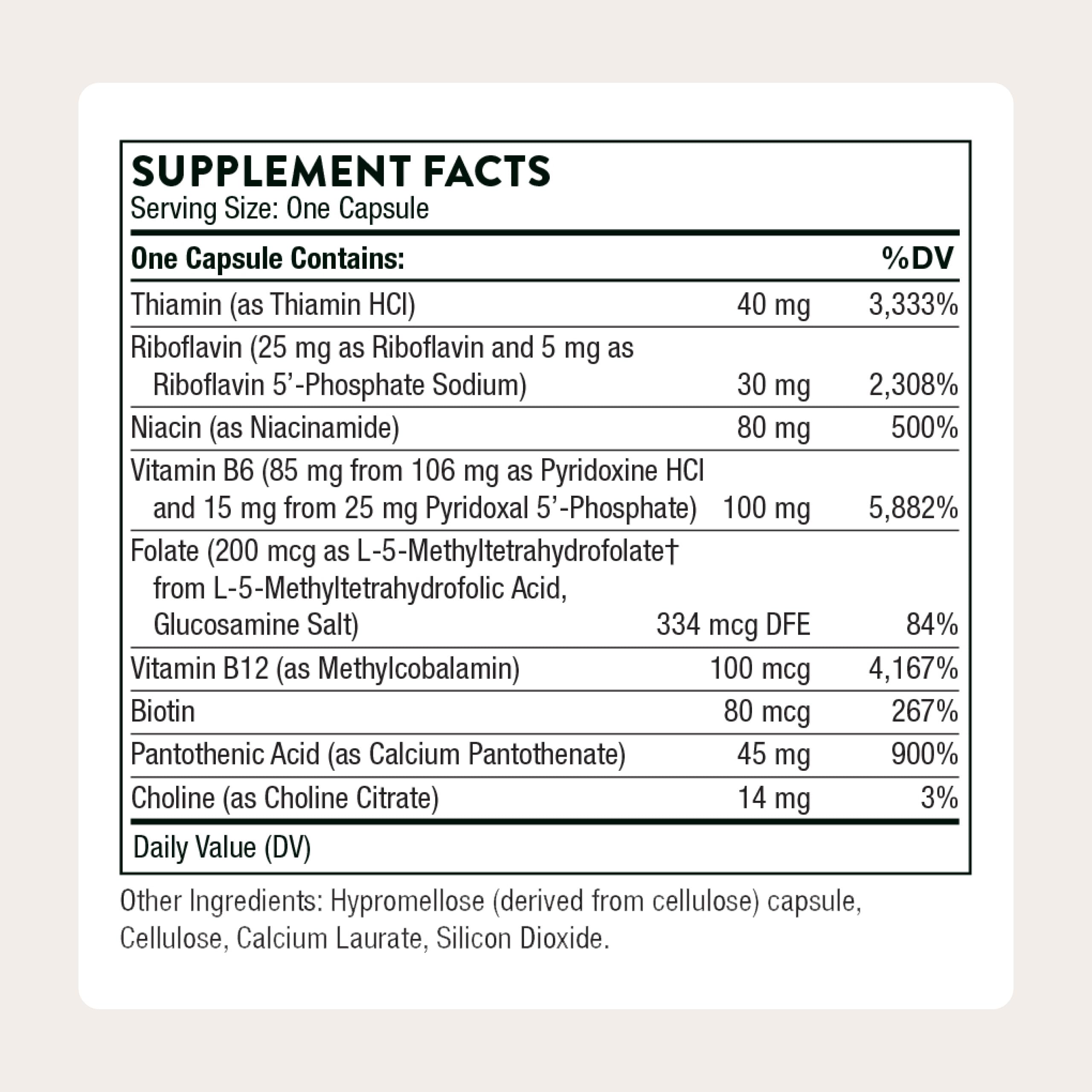 THORNE B-Complex #6 bottle back view highlights active vitamin forms for efficient absorption