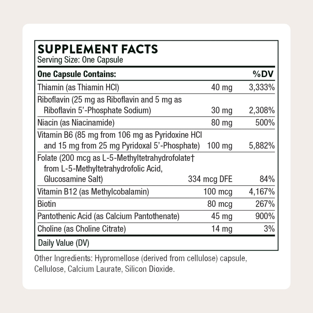 THORNE B-Complex #6 bottle back view highlights active vitamin forms for efficient absorption