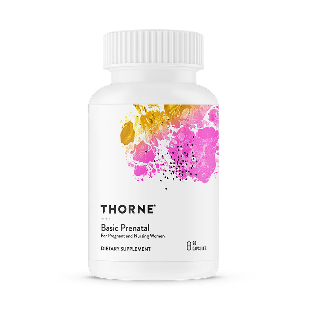 Thorne Basic Prenatal bottle front shows clean, gluten-free formula for daily pregnancy support.