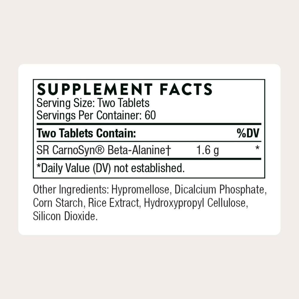 THORNE beta-alanine sustained-release bottle shows a 60-serving pack.