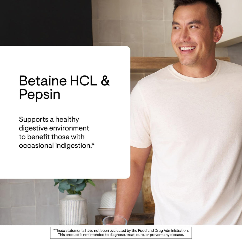 THORNE Betaine HCL & Pepsin capsules ready for occasional indigestion support.