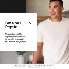 THORNE Betaine HCL & Pepsin capsules ready for occasional indigestion support.