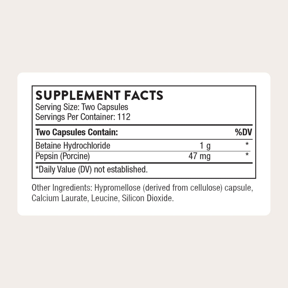 THORNE Betaine HCL & Pepsin label shows third-party contents certification.