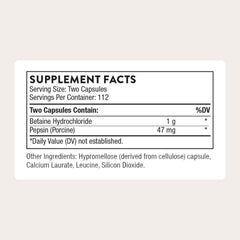 THORNE Betaine HCL & Pepsin label shows third-party contents certification.