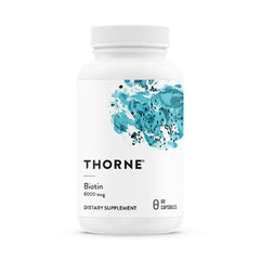 THORNE Biotin bottle closeup for hair, skin, and nails support.