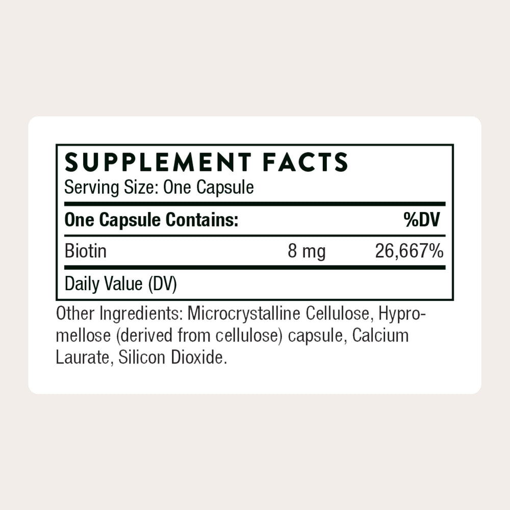 THORNE Biotin capsules side view for daily supplement routine.