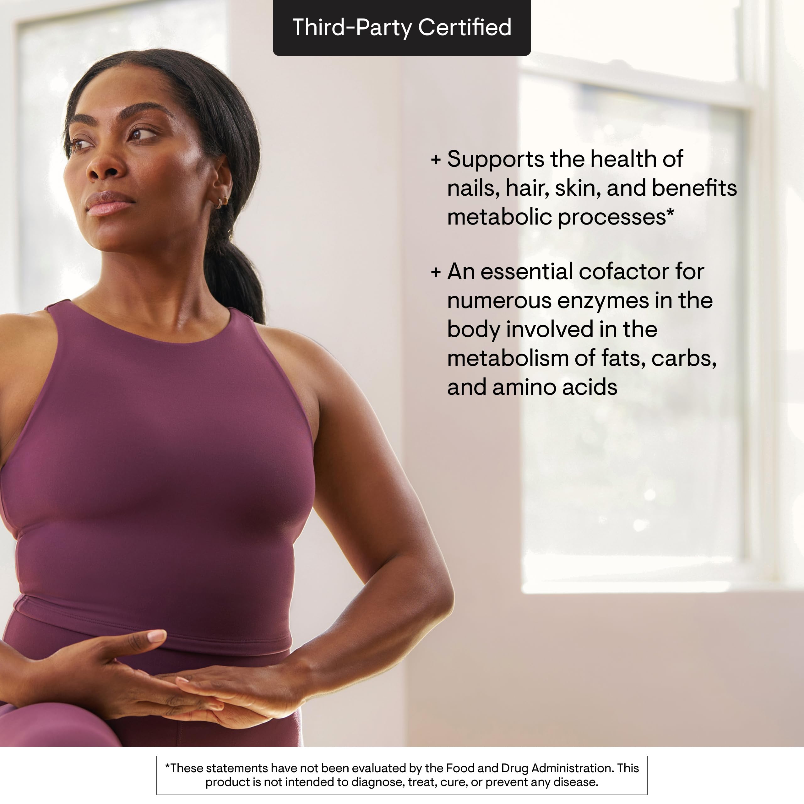 THORNE Biotin packaging front emphasizes third-party testing.