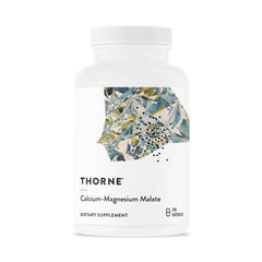 THORNE Calcium-Magnesium Malate bottle front shows gluten-free formulation for bone and muscle support.