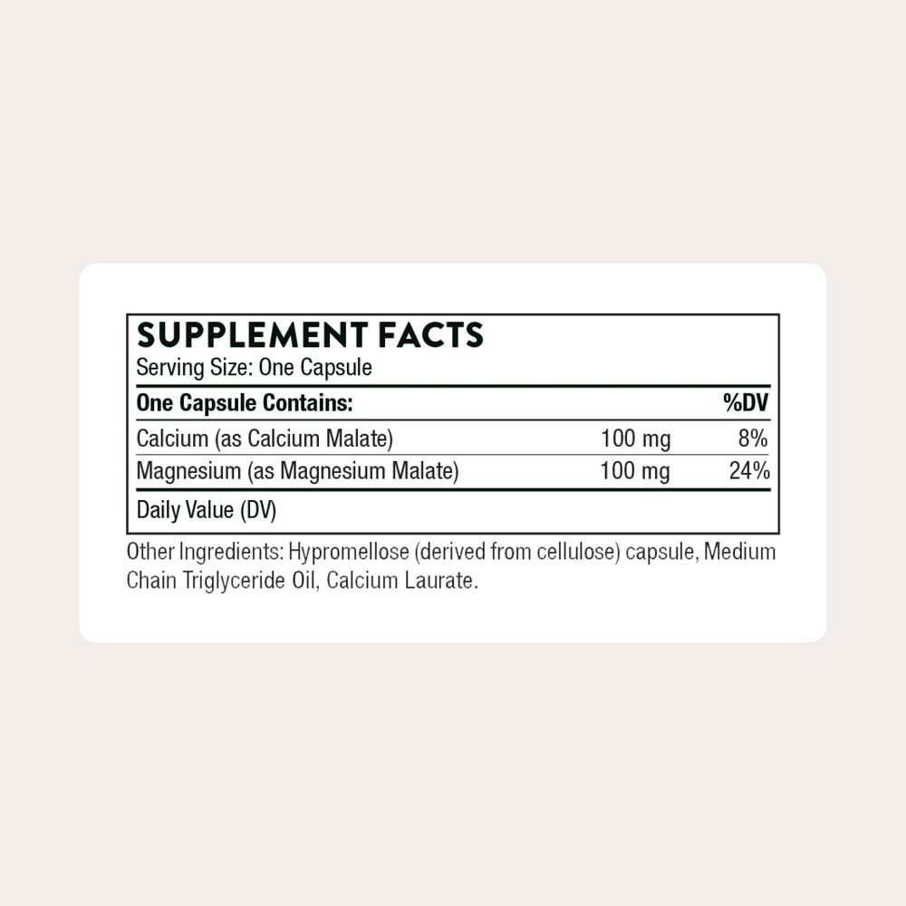 THORNE Calcium-Magnesium Malate capsules close-up highlights Albion minerals and mineral absorption.