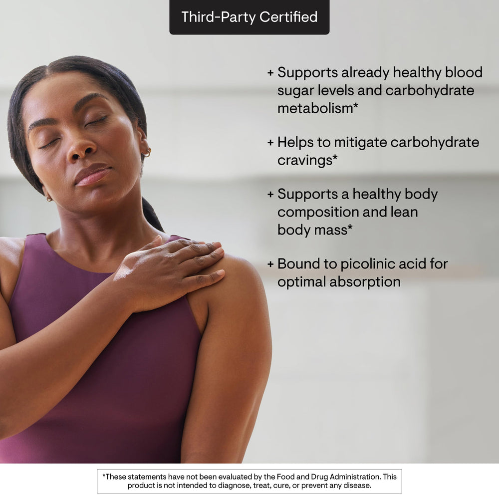 THORNE Chromium Picolinate capsules pouring for quick daily use and cravings support.