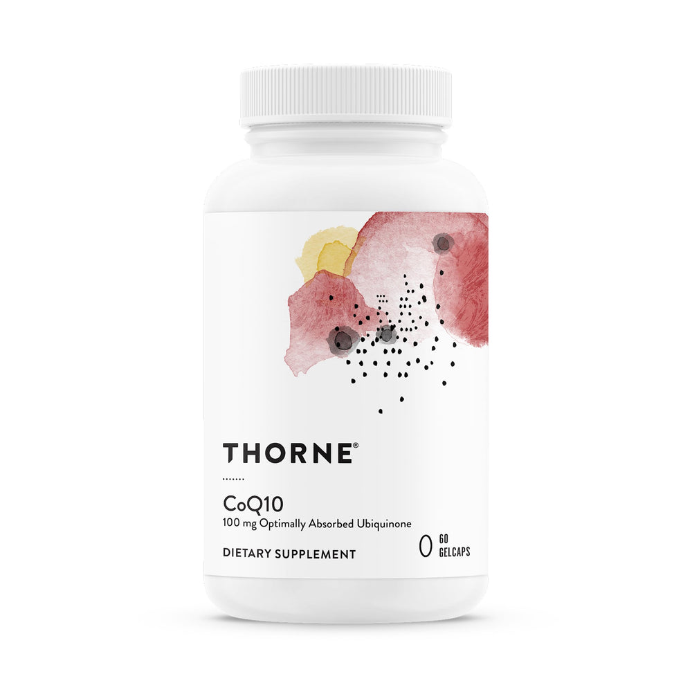 THORNE CoQ10 bottle front view highlighting optimized absorption and daily energy support