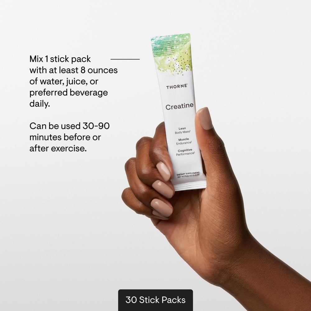 THORNE Creatine label closeup displaying dosage and product name clearly