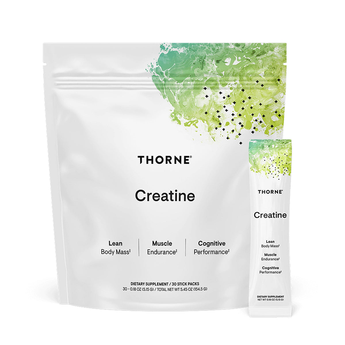 THORNE Creatine micronized powder bottle shows neutral color and clear packaging for easy mixing