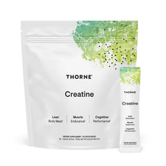 THORNE Creatine micronized powder bottle shows neutral color and clear packaging for easy mixing