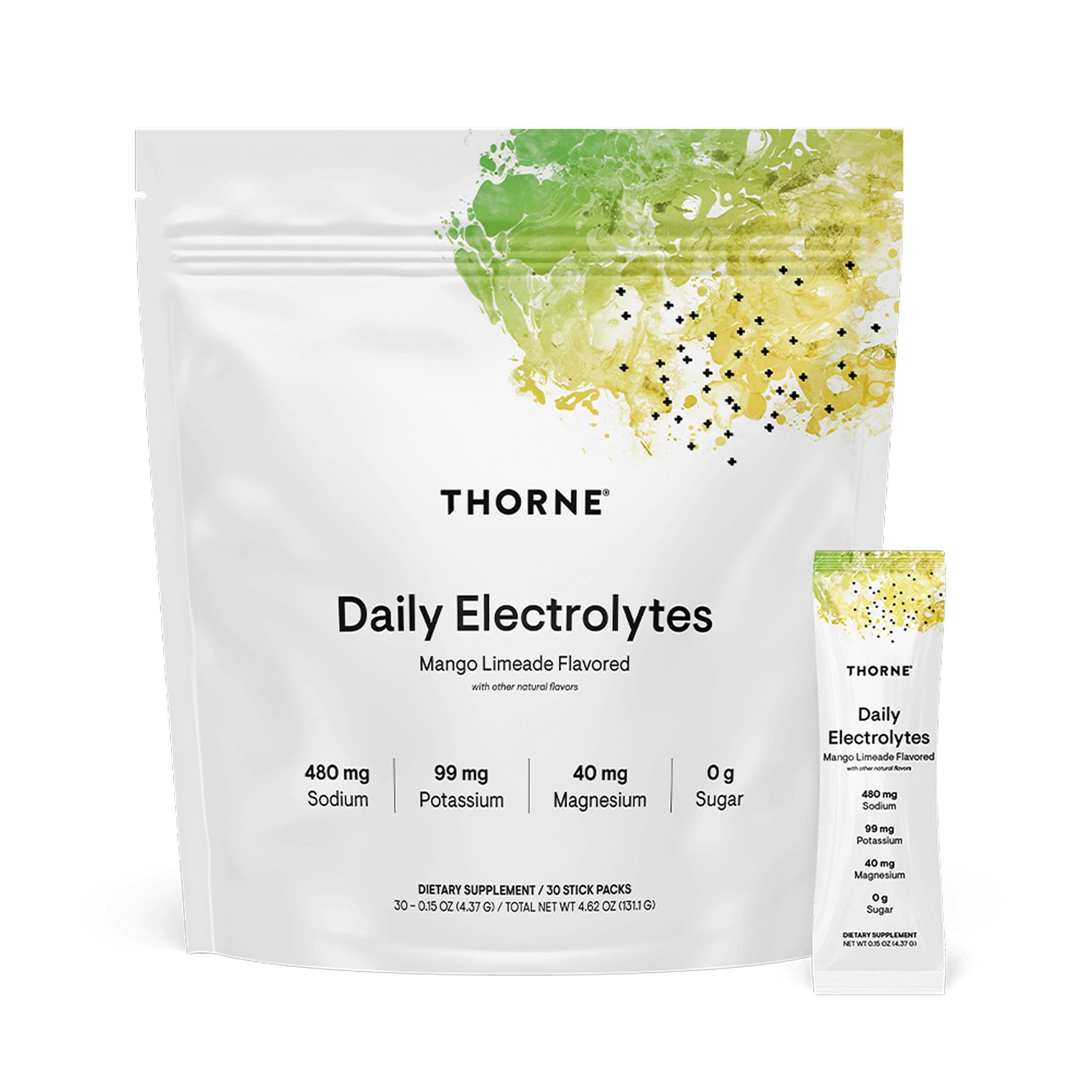 Thorne Daily Electrolytes mango limeade box highlighting zero sugar formula.