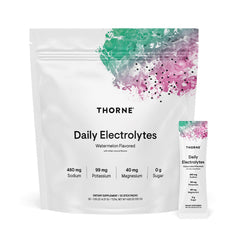 Thorne Daily Electrolytes Watermelon bottle front promotes zero-sugar hydration for active days.