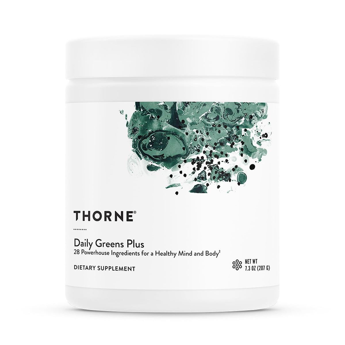 Thorne Daily Greens Plus front bottle for daily nutrition on the go.