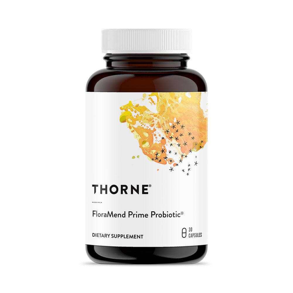 THORNE FloraMend Prime Probiotic bottle on shelf supports digestive balance.