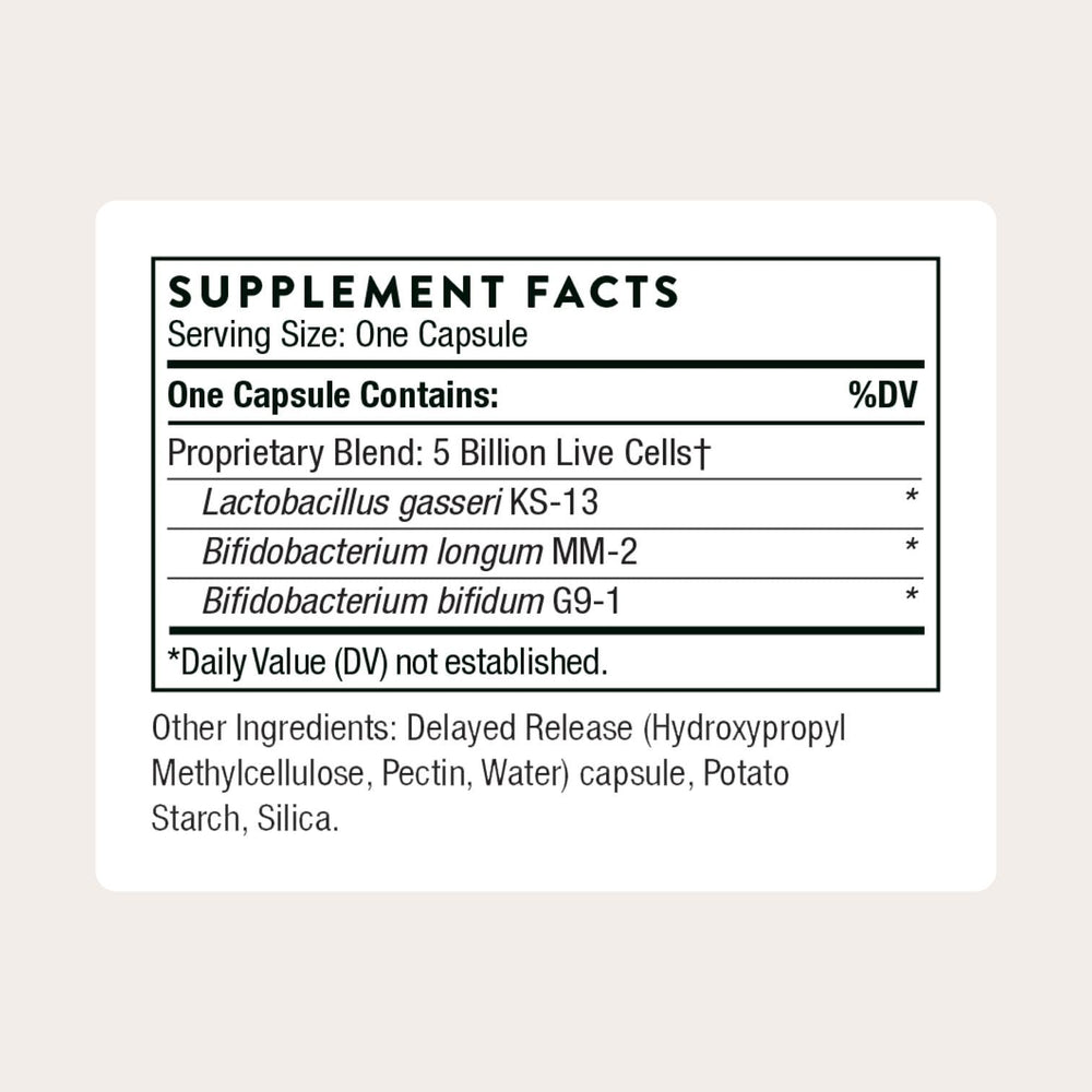 FloraMend Prime capsules close-up showing shelf-stable 5B CFUs.
