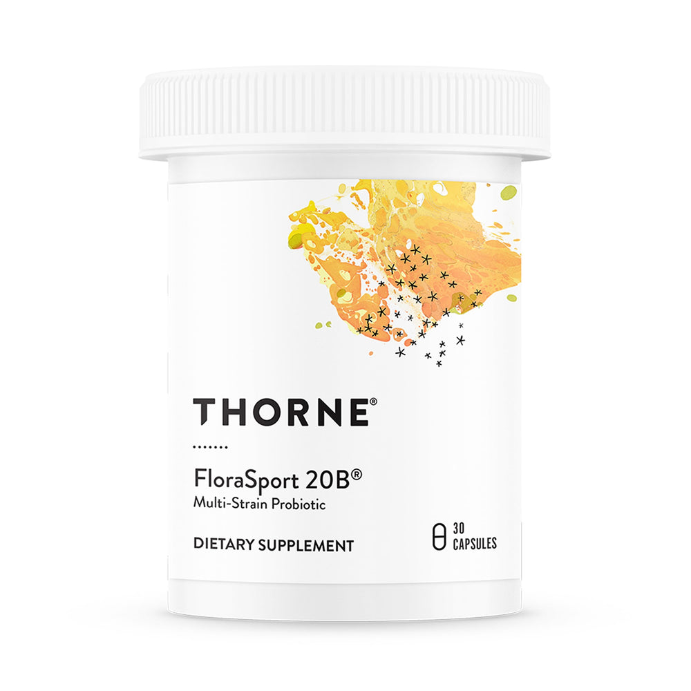 THORNE FloraSport 20B bottle on a kitchen counter showing shelf-stable probiotic convenience.