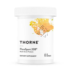 THORNE FloraSport 20B bottle on a kitchen counter showing shelf-stable probiotic convenience.