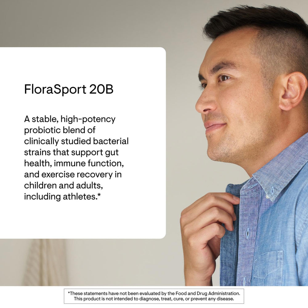 THORNE FloraSport 20B label close-up highlighting 20B CFUs and stability.