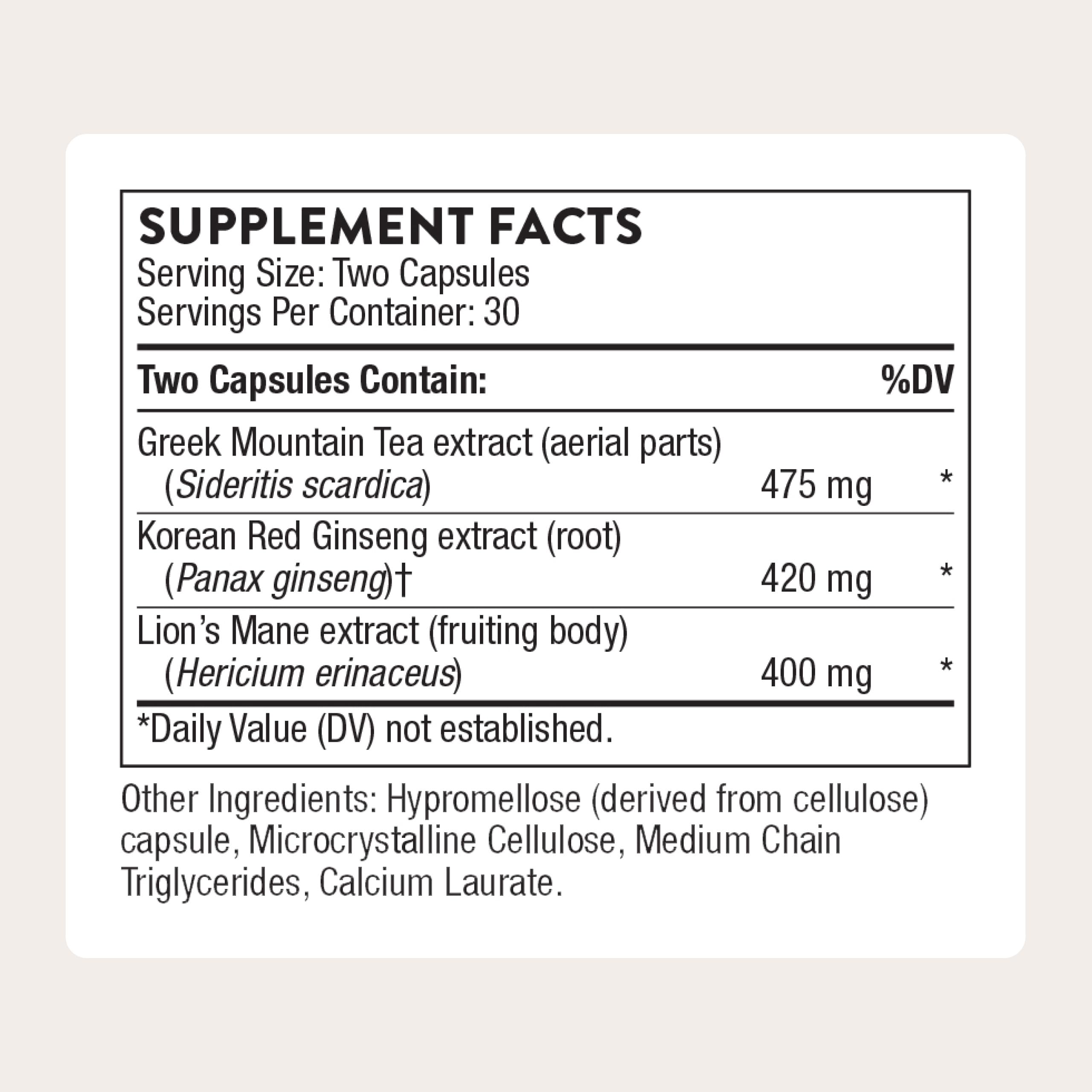 THORNE Ginseng Plus bottle back with supplement facts for stress resilience