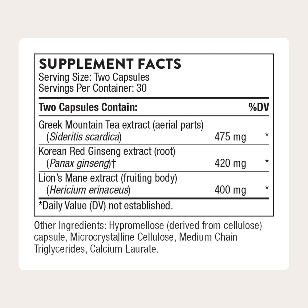 THORNE Ginseng Plus bottle back with supplement facts for stress resilience