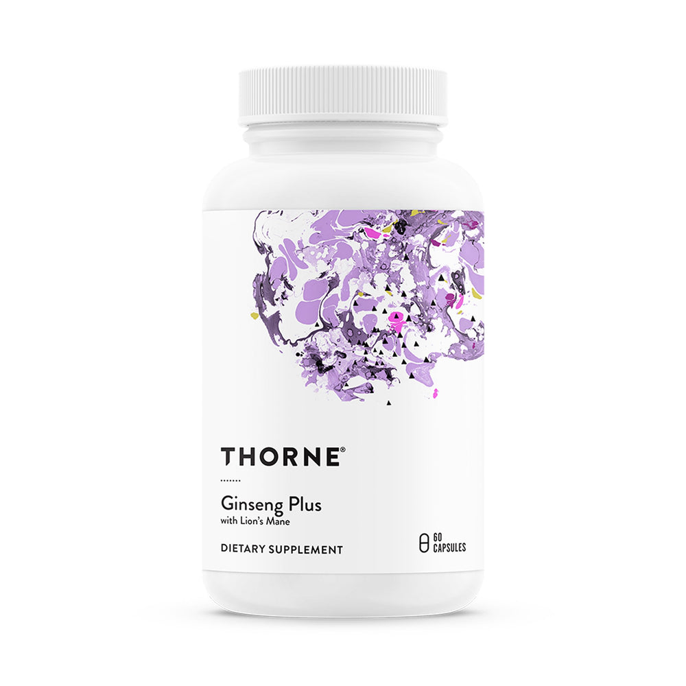THORNE Ginseng Plus bottle front view emphasizing focus support label