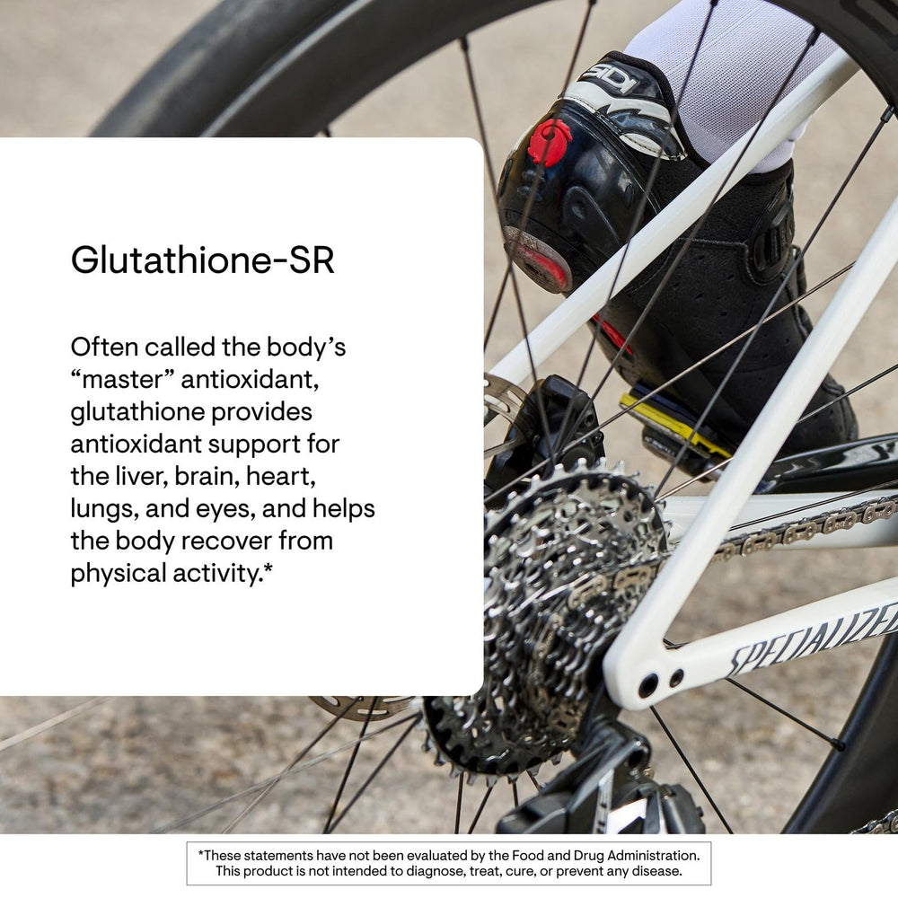 Thorne Glutathione-SR bottle held in hand for flexible daily routines.