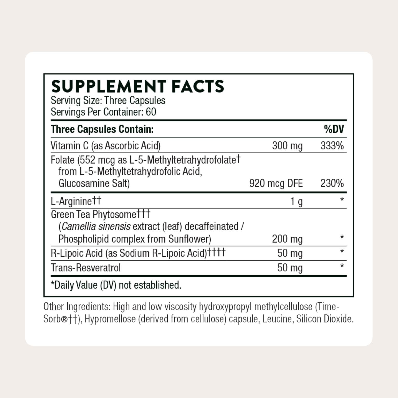 Thorne L-Arginine Plus bottle back label highlighting ingredients and purpose