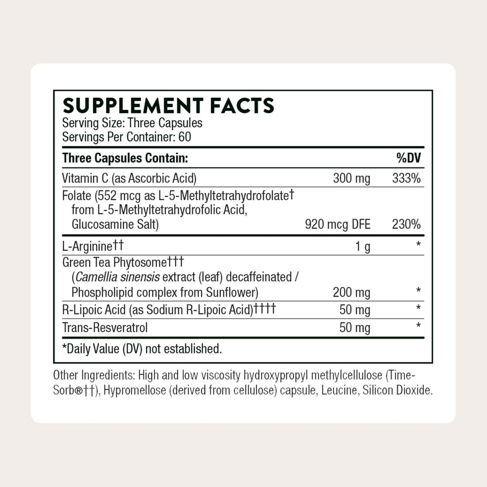 Thorne L-Arginine Plus bottle back label highlighting ingredients and purpose