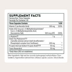 Thorne L-Arginine Plus bottle back label highlighting ingredients and purpose