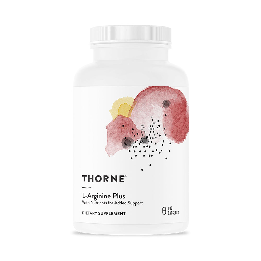 Thorne L-Arginine Plus bottle front showing branding and serving details for circulation support