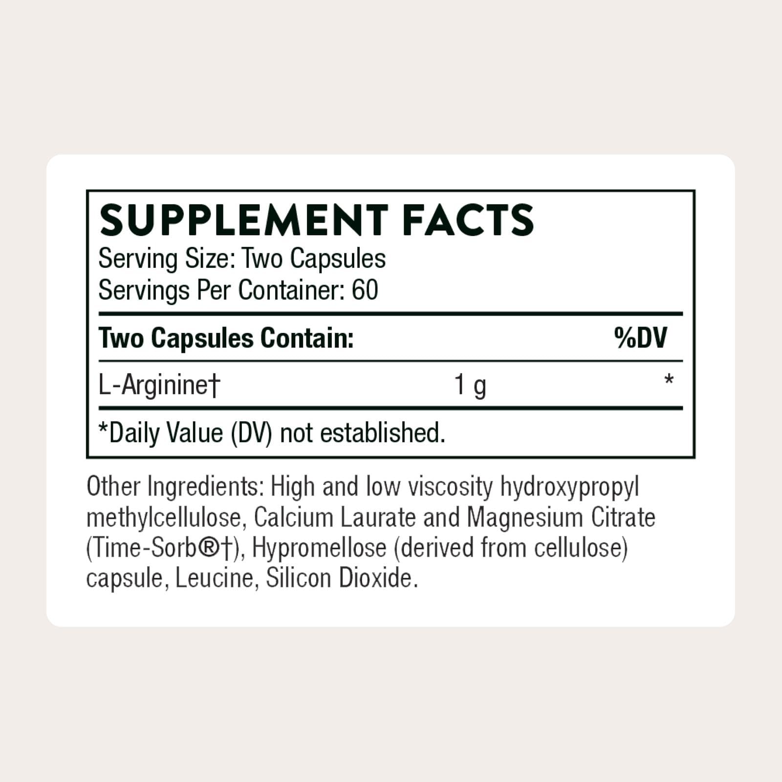 THORNE L-Arginine Sustained-Release bottle back showing dosage guidance for twice-daily use.
