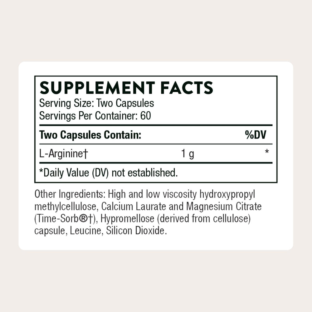 THORNE L-Arginine Sustained-Release bottle back showing dosage guidance for twice-daily use.