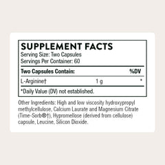 THORNE L-Arginine Sustained-Release bottle back showing dosage guidance for twice-daily use.