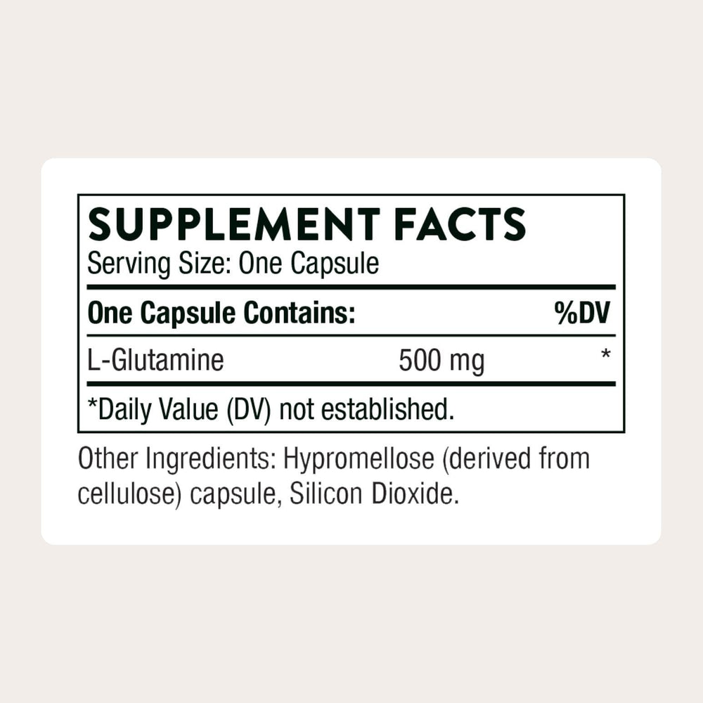 THORNE L-Glutamine bottle back view reveals ingredients and third-party certification