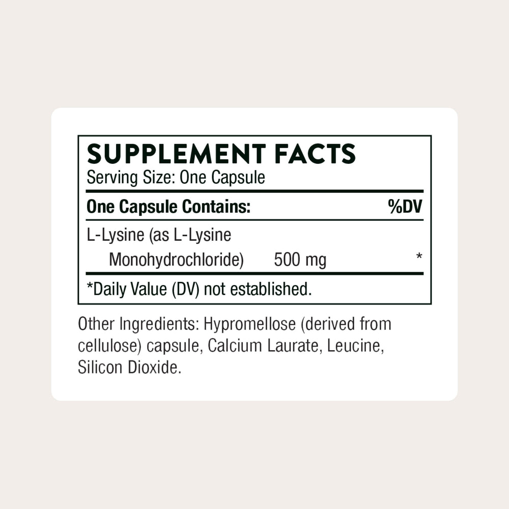 Thorne Lysine bottle label close-up with ingredient details and dosage